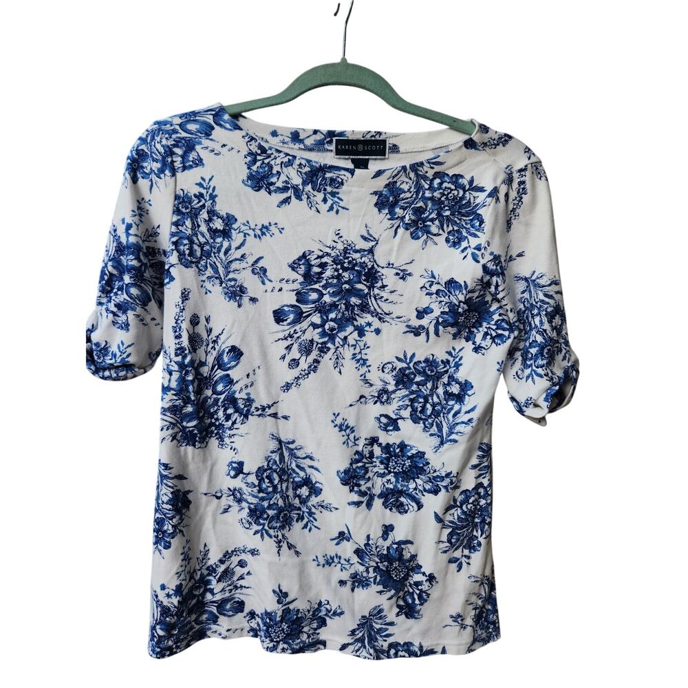 Karen Scott Blue White Floral Top Medium Toile Style 3/4 Sleeve Cotton Blend